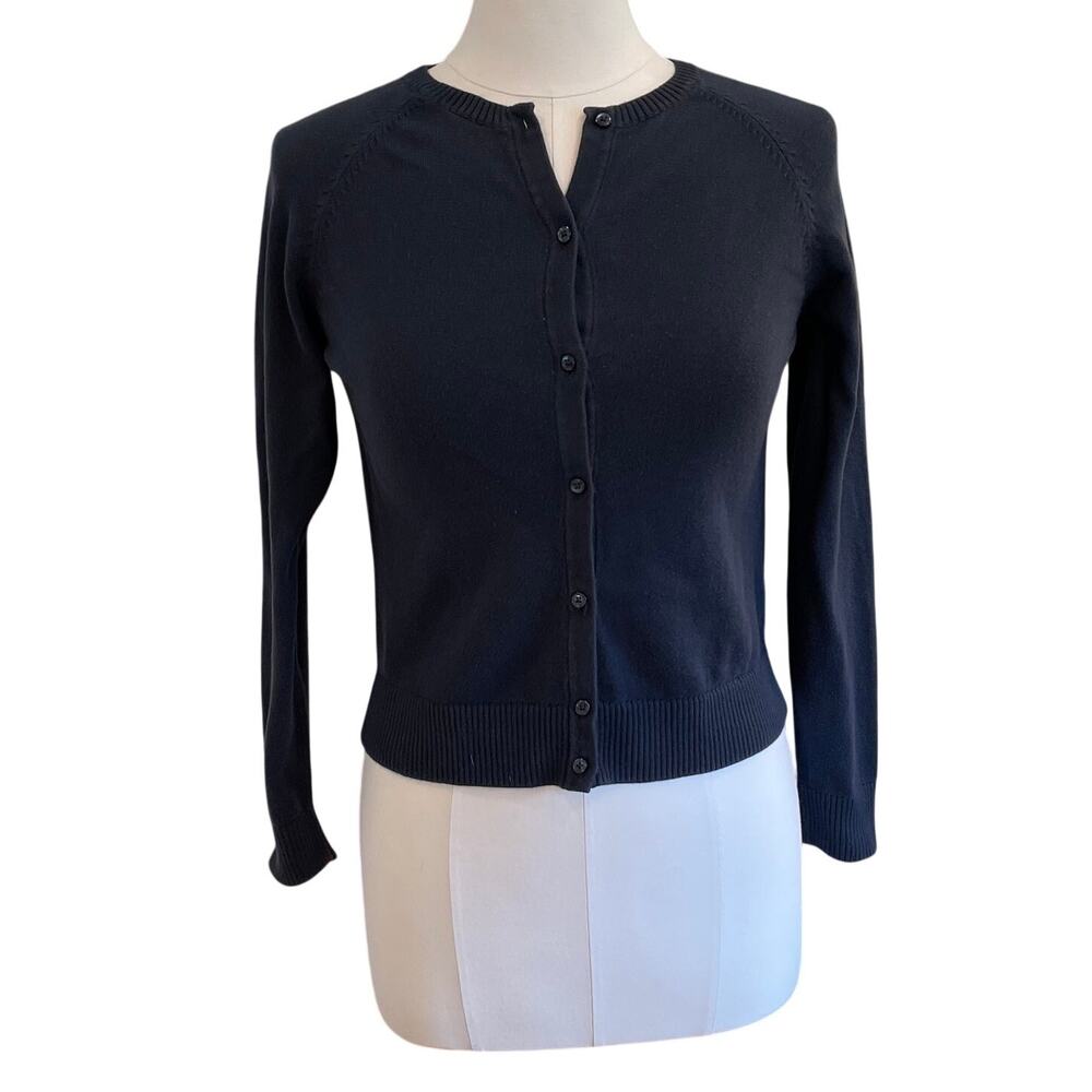 Lands' End Girls Navy Cotton Crewneck Cardigan, Preppy, Size Large (14)